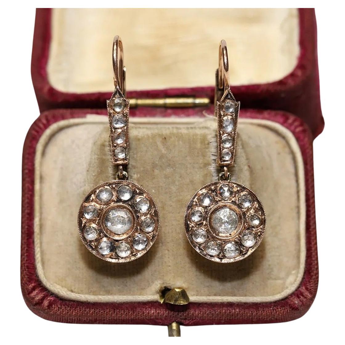 Antique Circa 1900s 9k Gold Natural Rose Cut Diamond Drop Earring 
