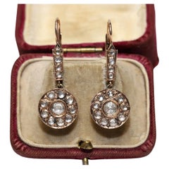 Antique Circa 1900s Handcrafted 9k Gold Natural Rose Cut Diamond Drop Earring
