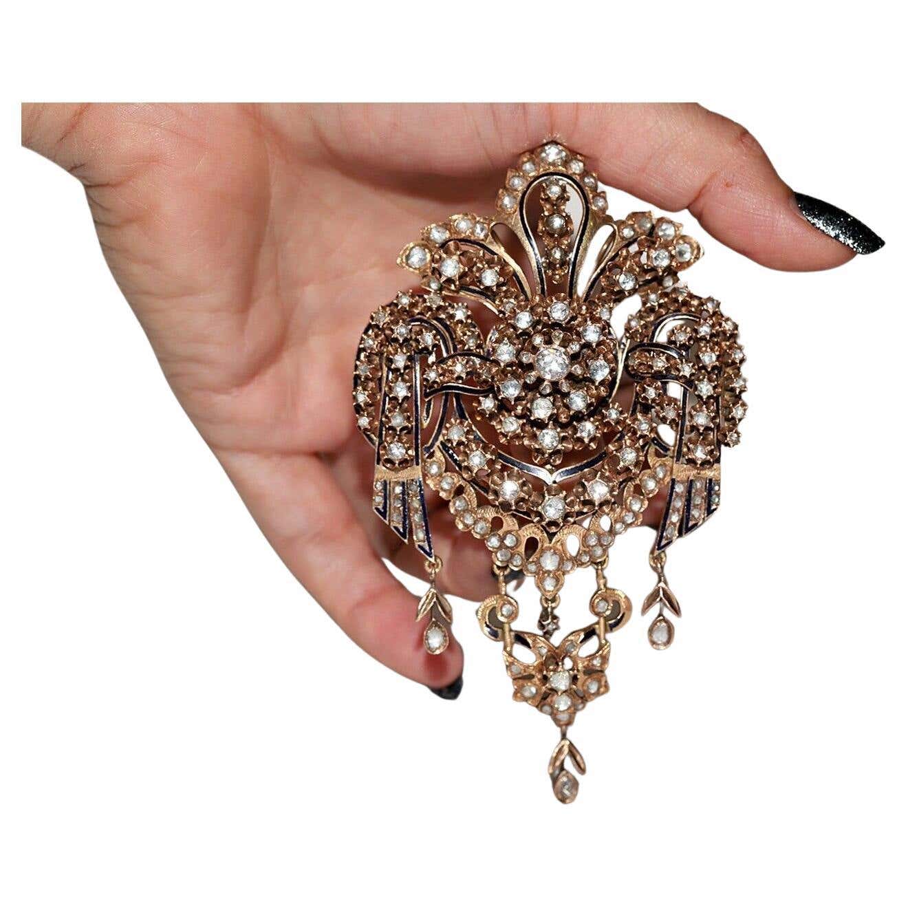 Antique Circa 1900s 9k Gold Natural Rose Cut Diamond Flowers Big Brooch ...