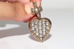 Antique Circa 1900s 9k Gold Natural Rose Cut Diamond Heart Bird Pendant
