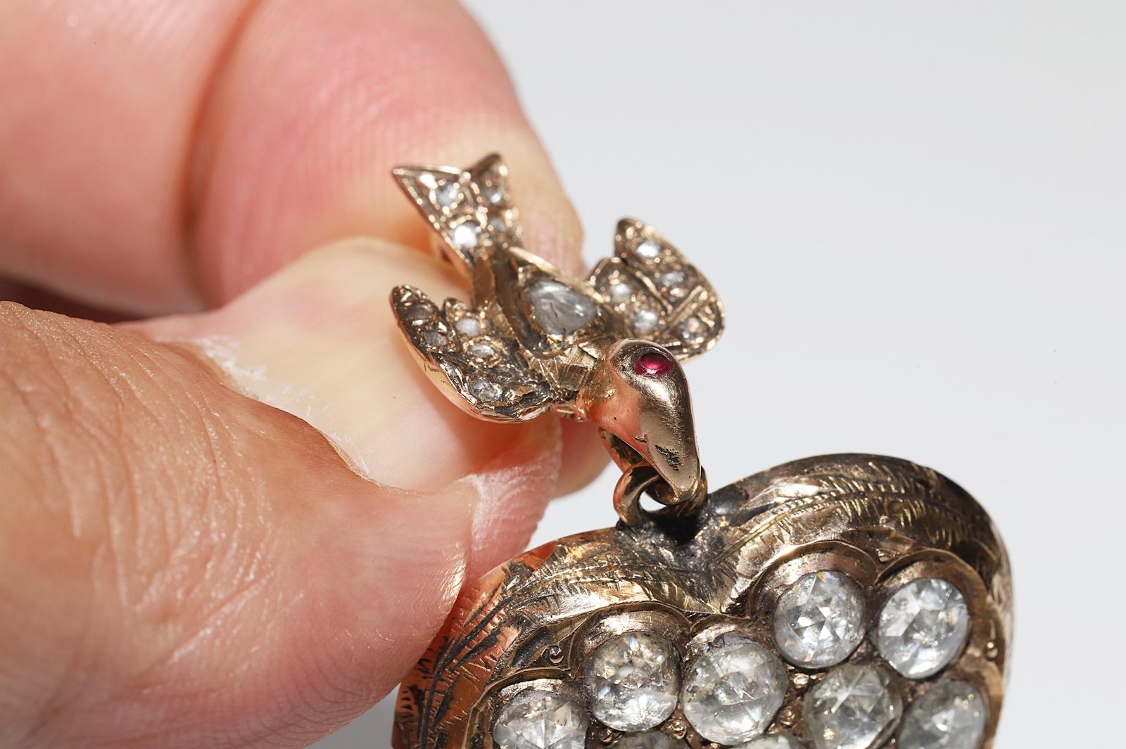Pendentif ancien oiseau cœur en or 9 carats avec diamants naturels taille rose, datant des années 1900 en vente 1