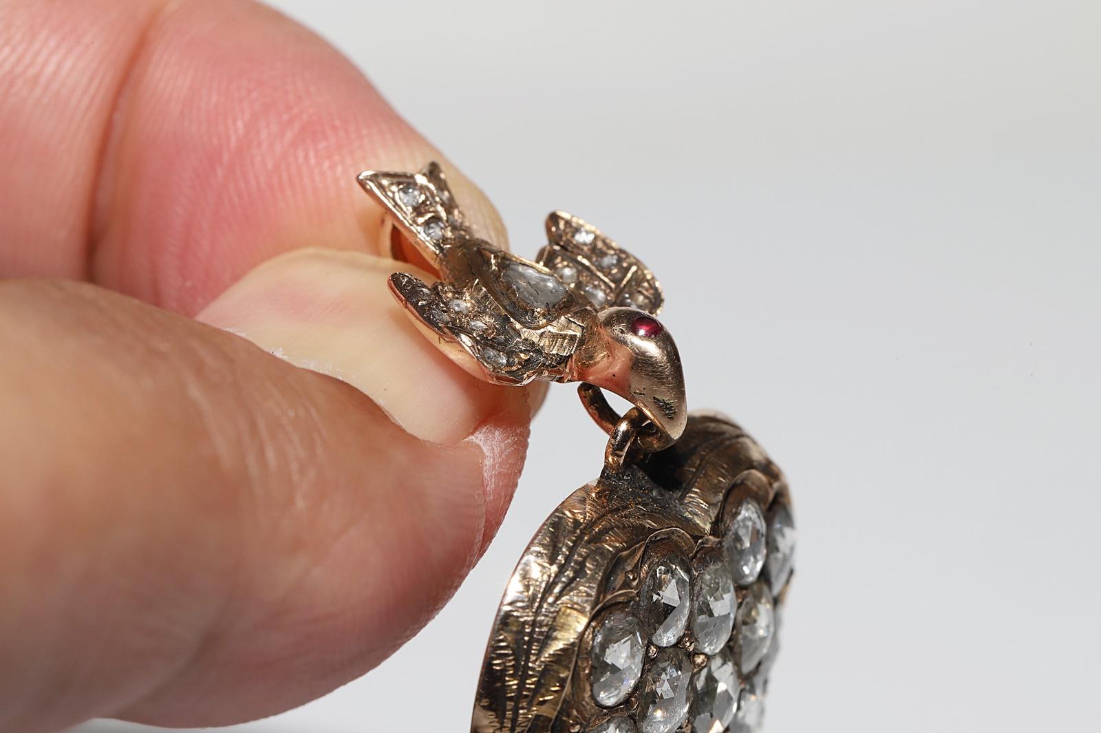 Pendentif ancien oiseau cœur en or 9 carats avec diamants naturels taille rose, datant des années 1900 en vente 2