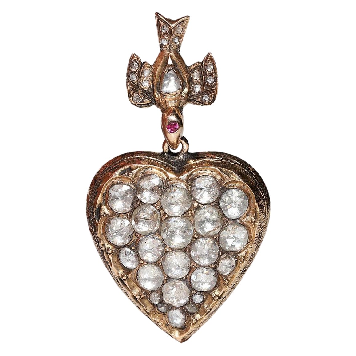 Pendentif ancien oiseau cœur en or 9 carats avec diamants naturels taille rose, datant des années 1900