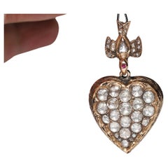 Antique Circa 1900s 9k Gold Natural Rose Cut Diamond Heart Bird Pendant