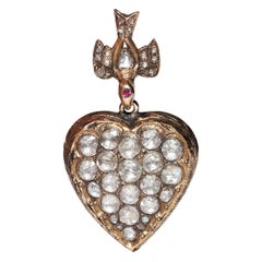 Antique Circa 1900s 9k Gold Natural Rose Cut Diamond Heart Bird Pendant
