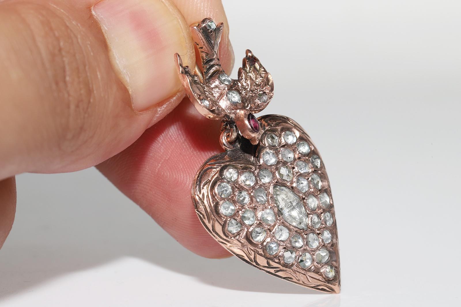 Antique Circa 1900s 9k Gold Natural Rose Cut Diamond Heart Pendant Necklace In Good Condition For Sale In Fatih/İstanbul, 34
