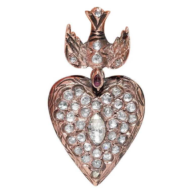 Collier pendentif cœur ancien des années 1900 en or 9 carats avec diamants naturels taille rose