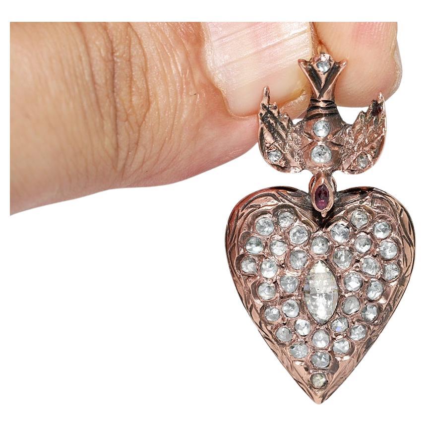 Collar Colgante Corazón Diamante Corte Rosa Natural Oro 9k Antiguo Circa 1900s
