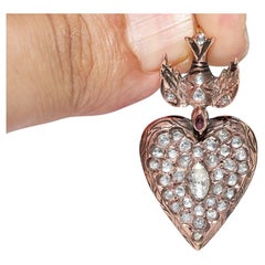 Antique Circa 1900s 9k Gold Natural Rose Cut Diamond Heart Pendant Necklace 