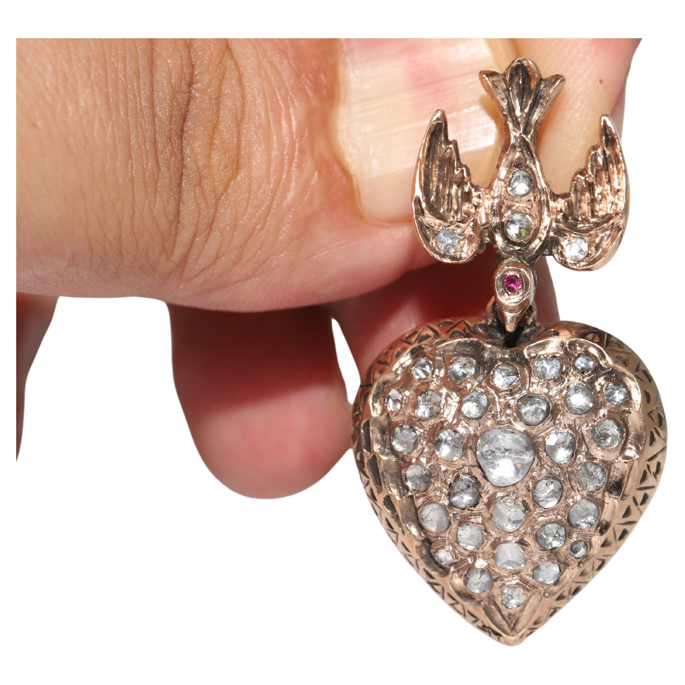 Antique Circa 1900s 9k Gold Natural Rose Cut Diamond Heart Pendant Necklace