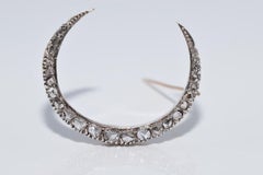 Antique Circa 1900s 9k Gold Top Silver Natural Rose Cut Diamond Moon Brooch