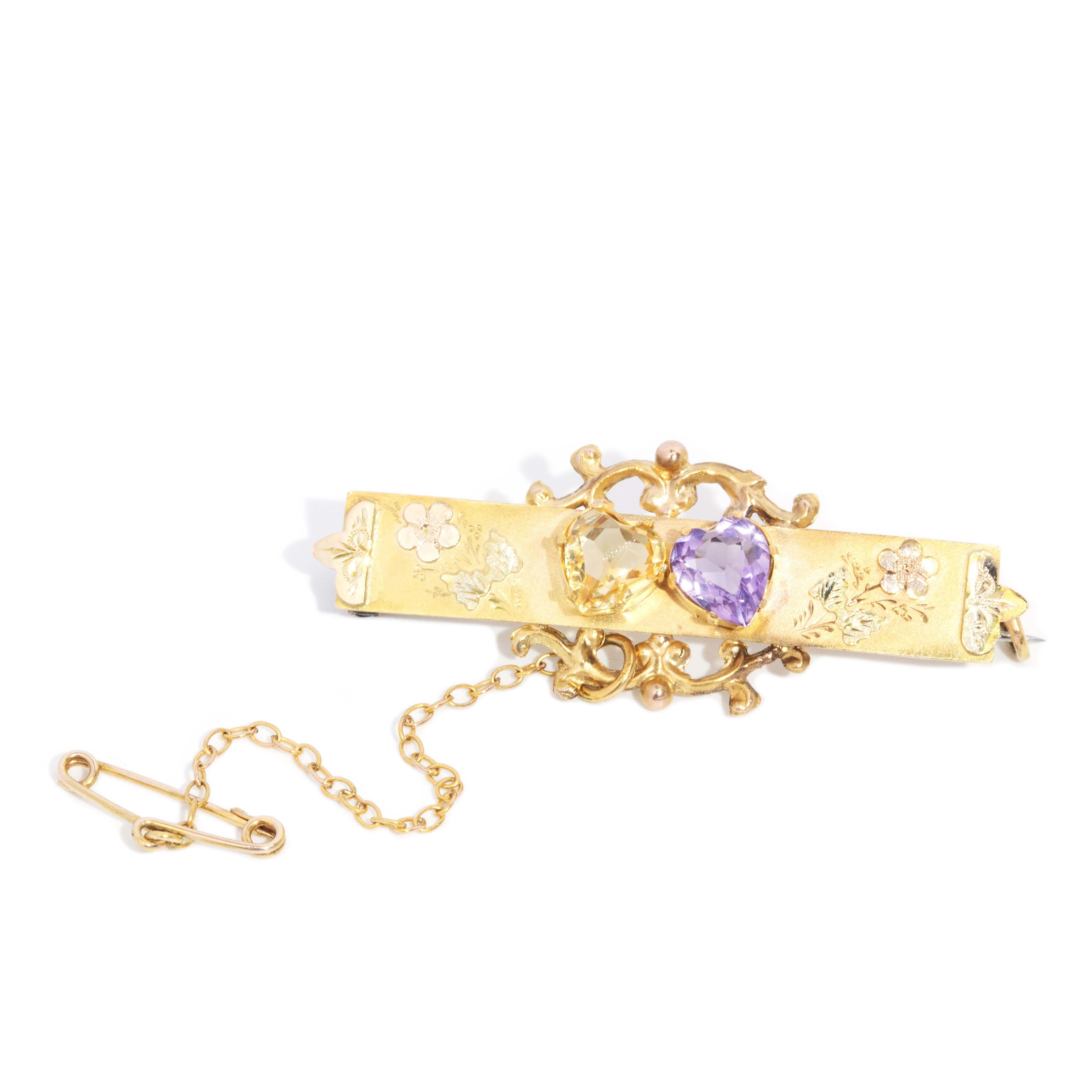 Édouardien Antique Circa 1900s Amethyst & Citrine Nature Brooch 9 Carat Yellow Gold en vente