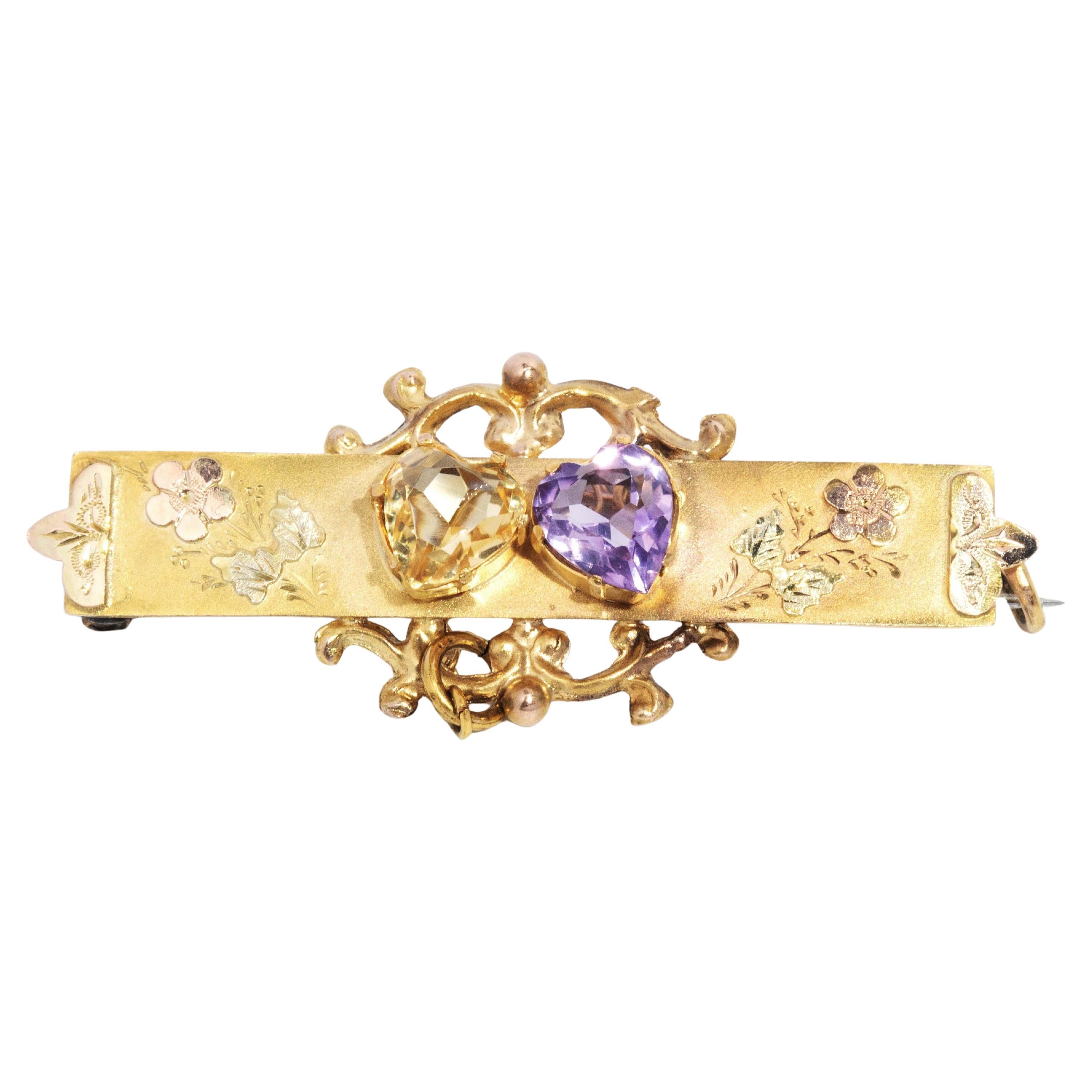 Antique Circa 1900s Amethyst & Citrine Nature Brooch 9 Carat Yellow Gold