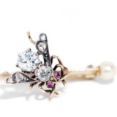 Antique Circa 1900s Diamond Sapphire Pearl Brooch 14 Carat Yellow Gold