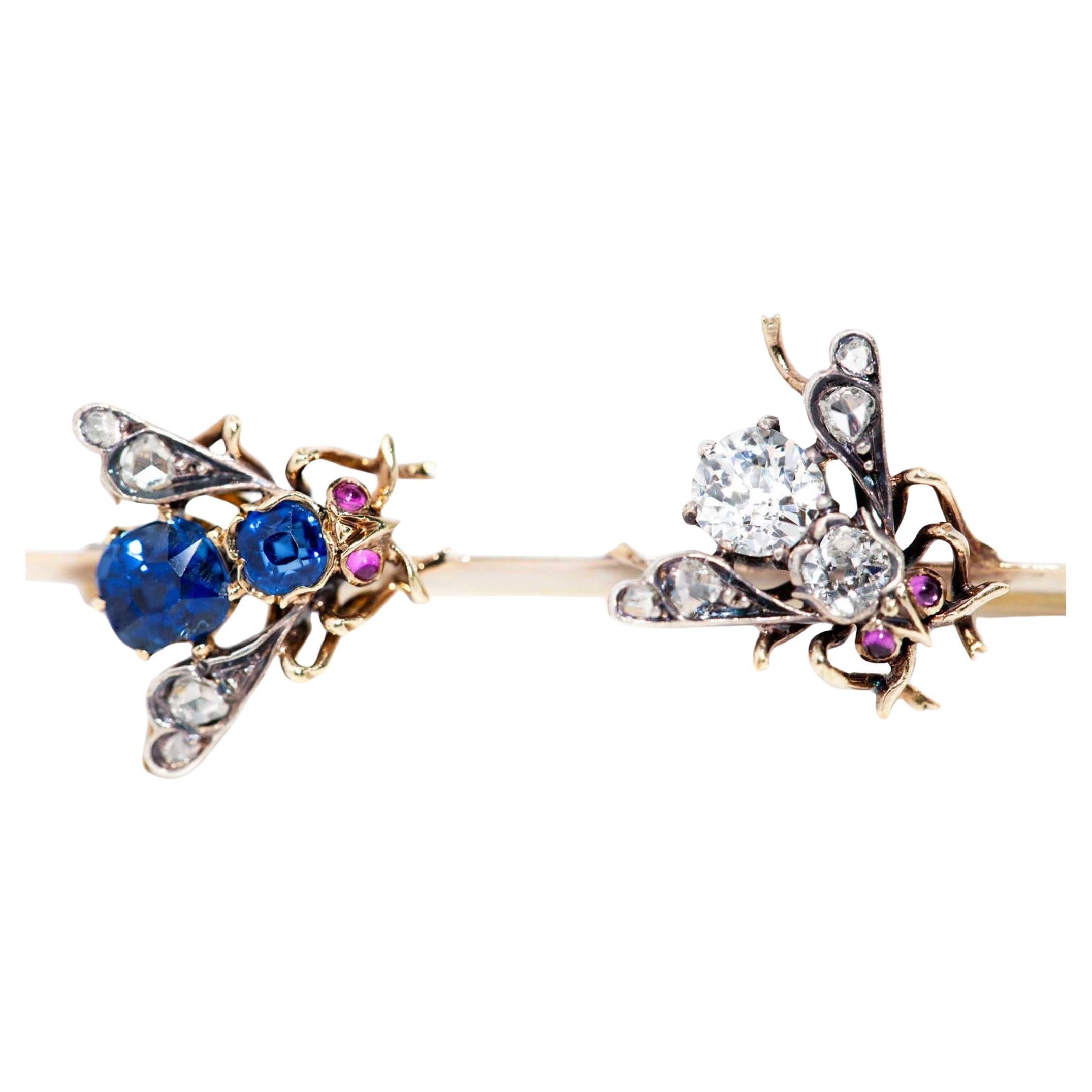 Antique Circa 1900s Diamond Sapphire Pearl Brooch 14 Carat Yellow Gold