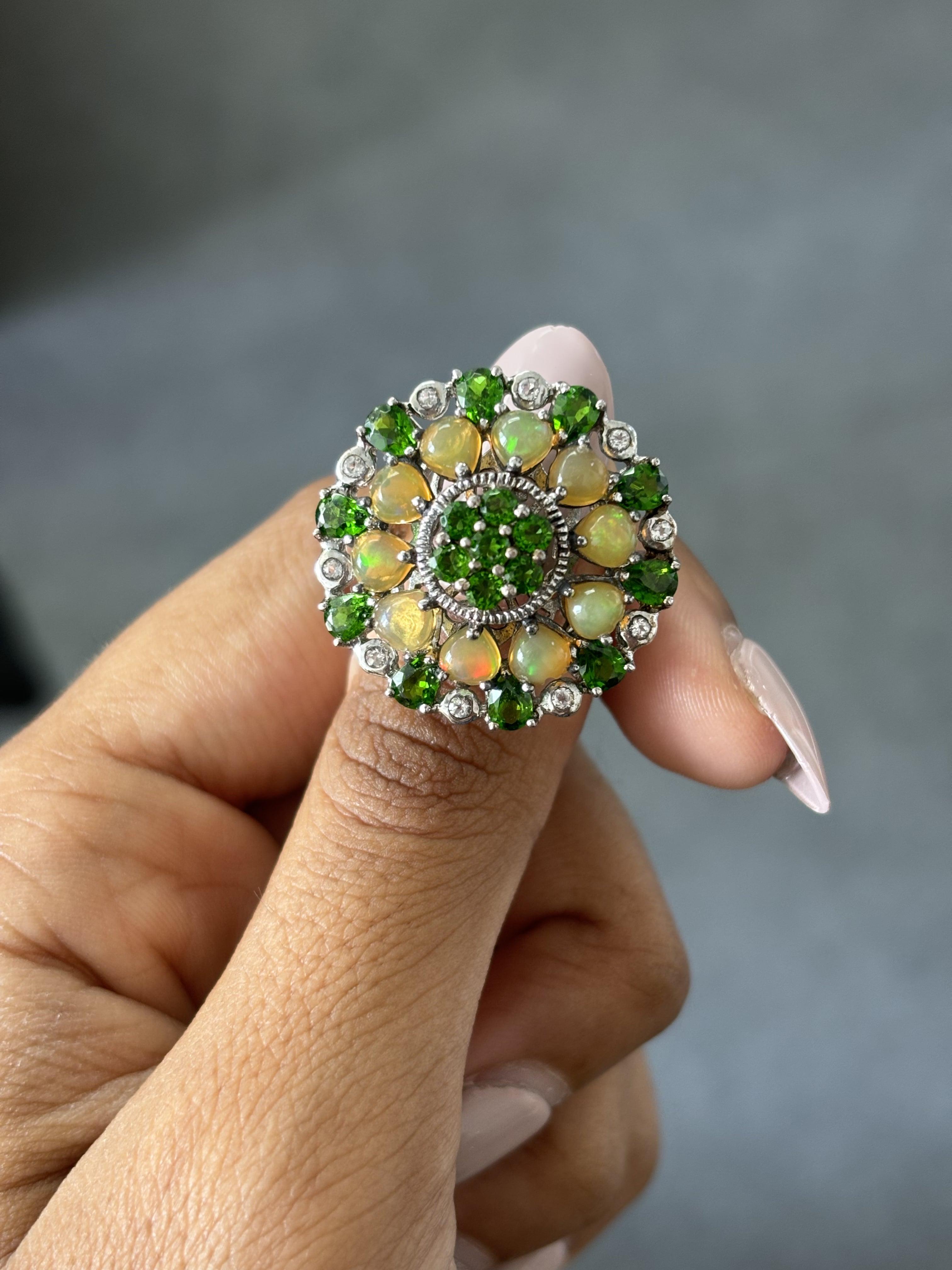 Antique circa 1900s Diopside, Opal & White Topaz Fancy Cocktail Ring in Silver For Sale 5