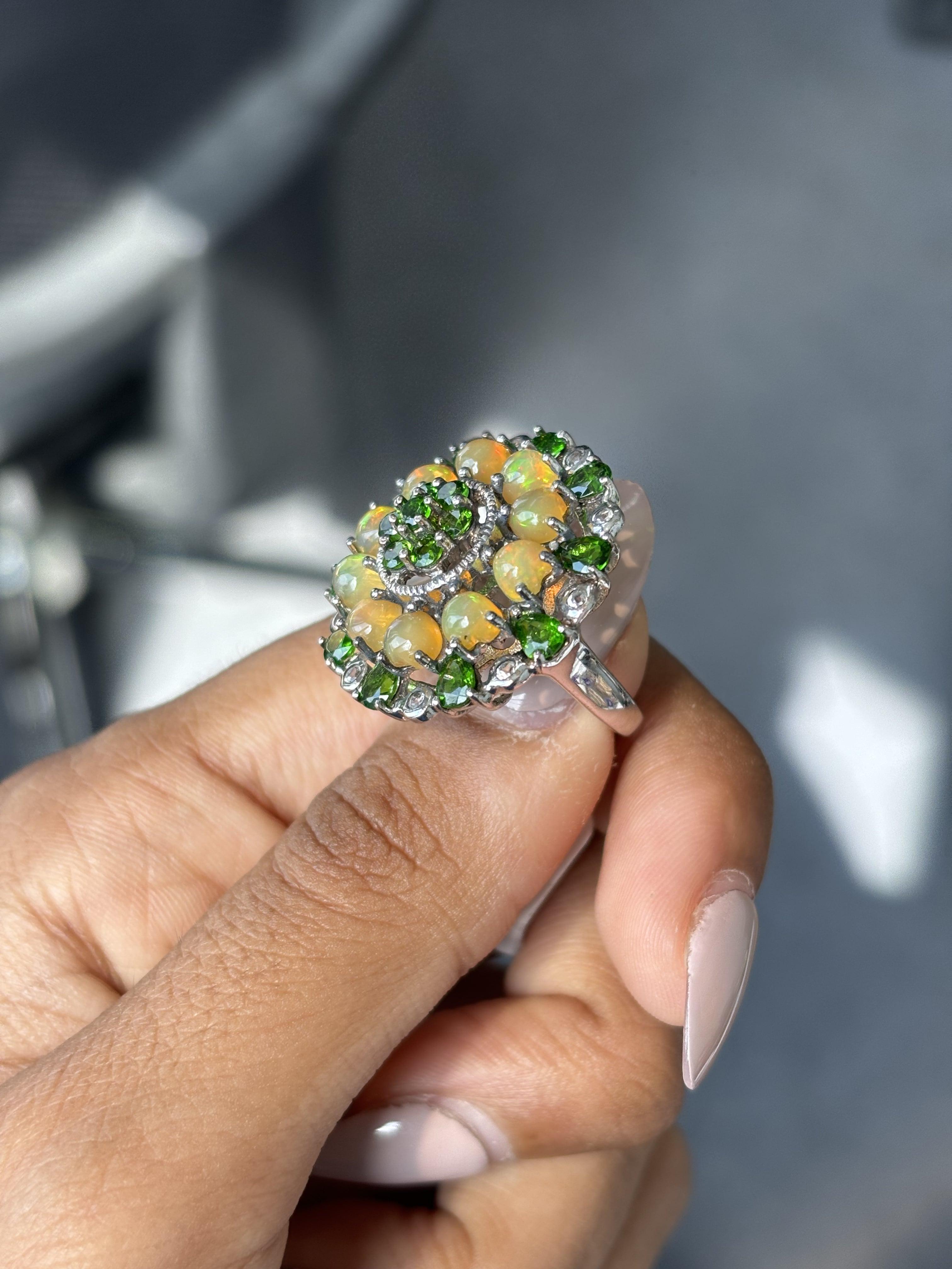 Antique circa 1900s Diopside, Opal & White Topaz Fancy Cocktail Ring in Silver For Sale 6