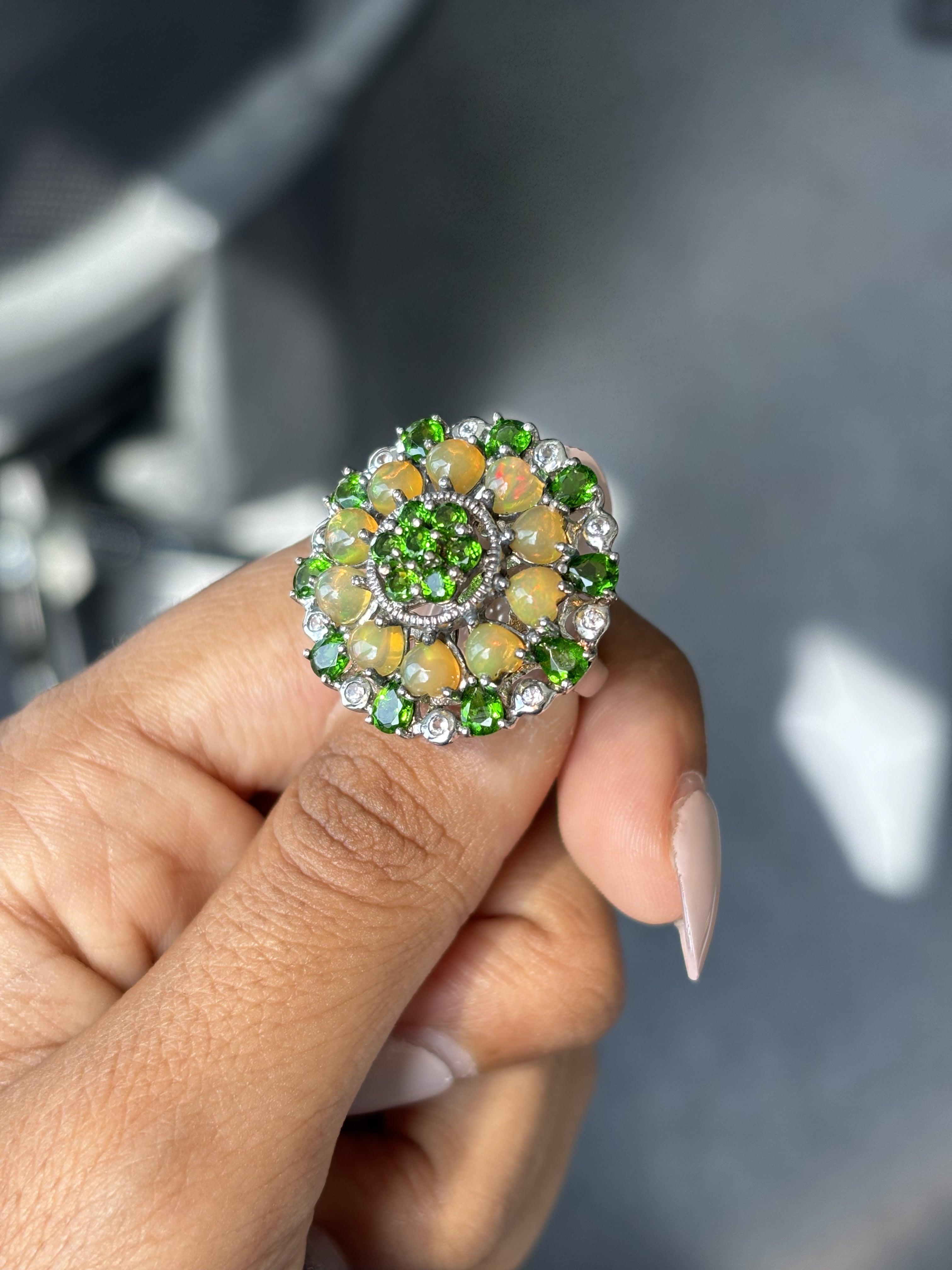 Antique circa 1900s Diopside, Opal & White Topaz Fancy Cocktail Ring in Silver For Sale 7
