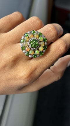 Antique circa 1900s Diopside, Opal & White Topaz Fancy Cocktail Ring in Silver