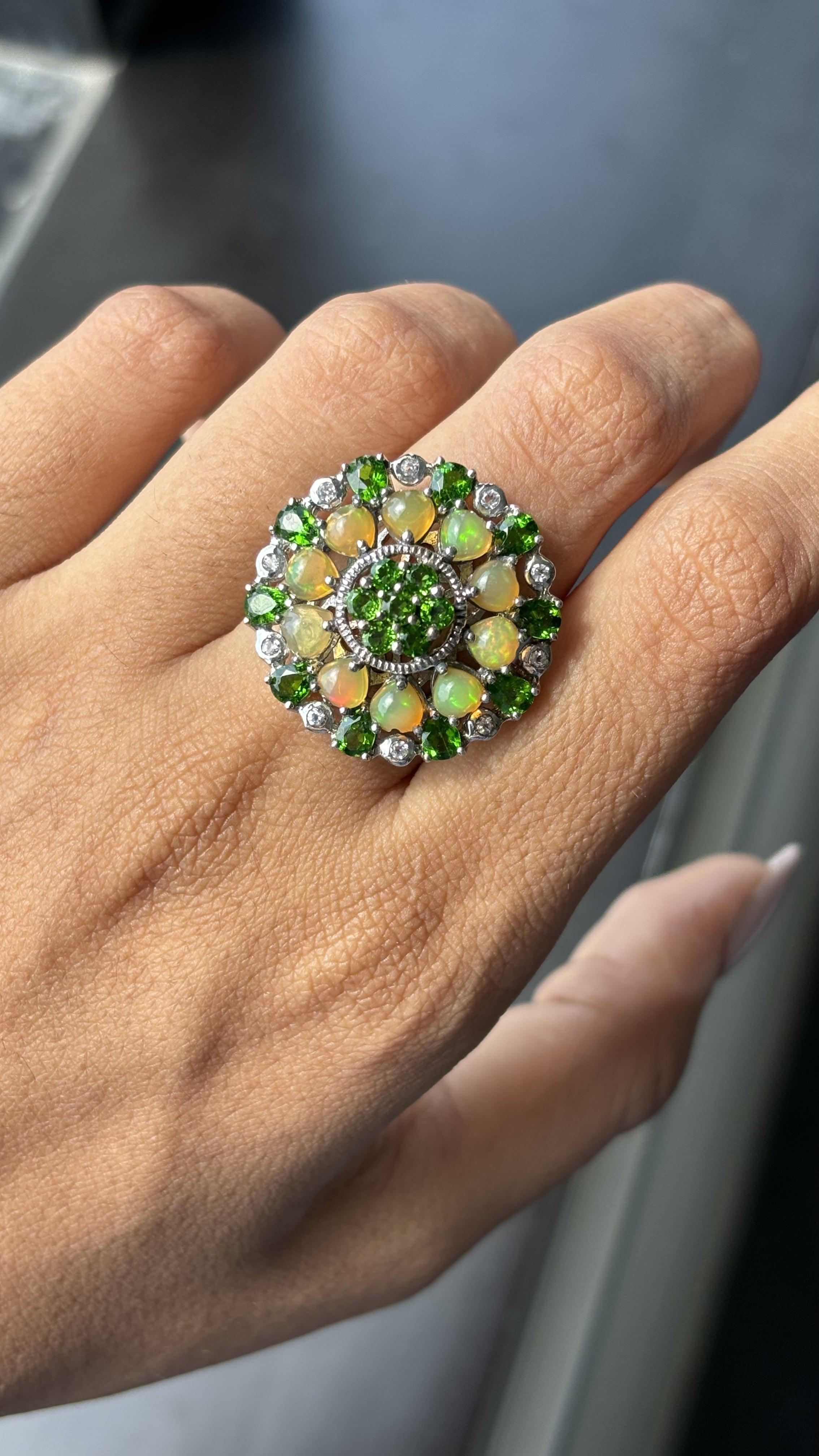 Gilded Age Antique circa 1900s Diopside, Opal & White Topaz Fancy Cocktail Ring in Silver For Sale