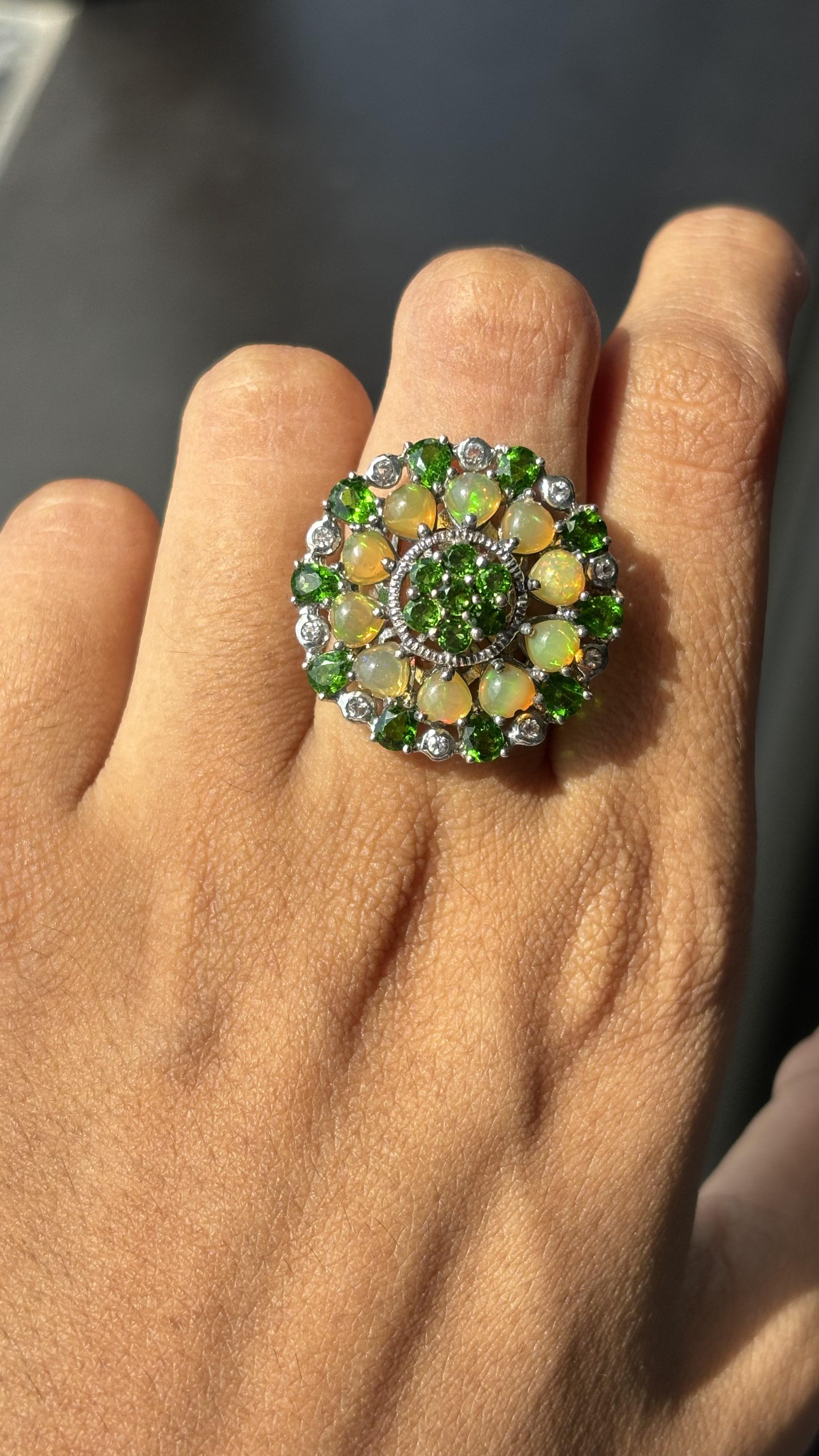 Antique circa 1900s Diopside, Opal & White Topaz Fancy Cocktail Ring in Silver For Sale 1