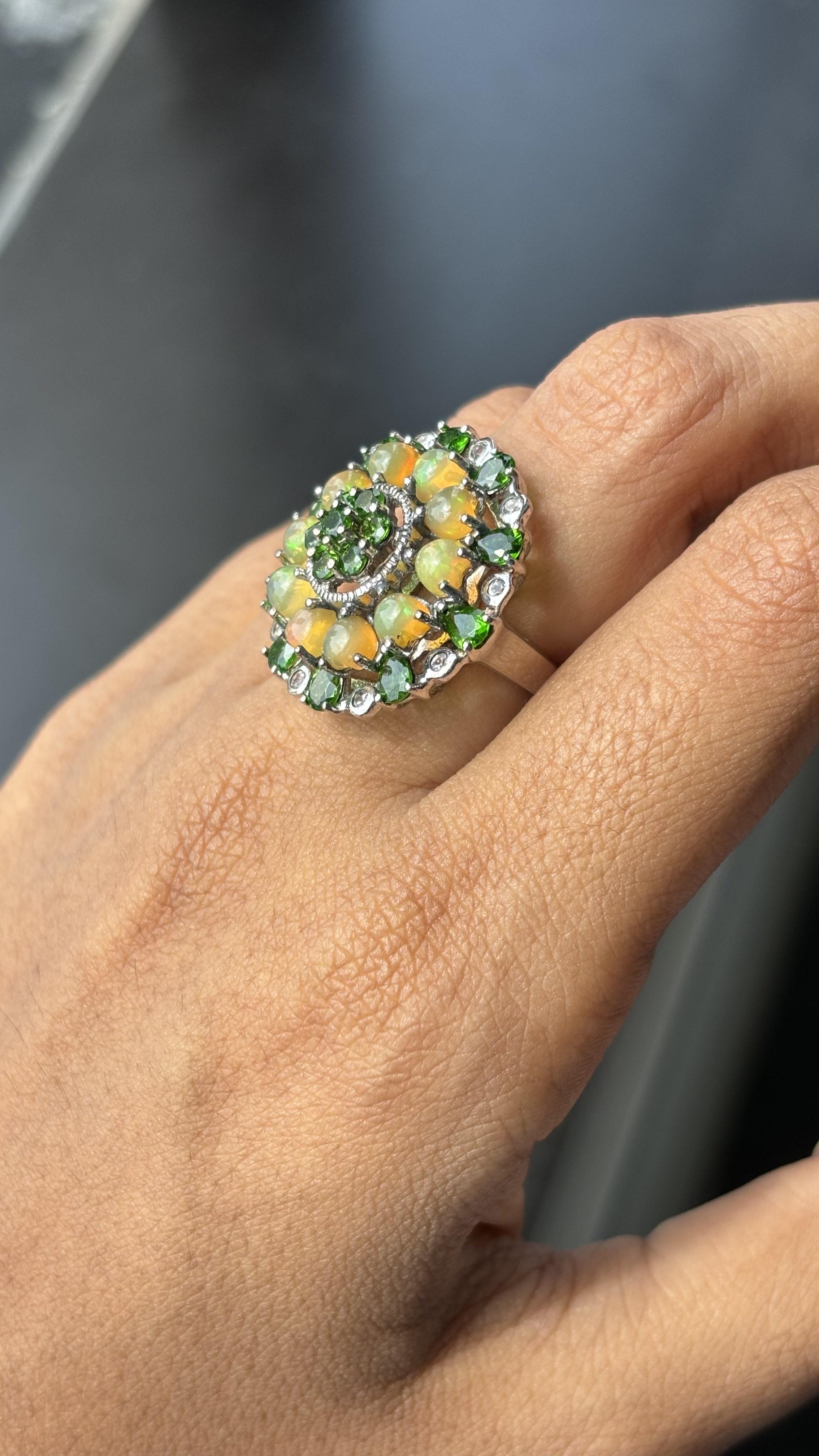 Antique circa 1900s Diopside, Opal & White Topaz Fancy Cocktail Ring in Silver For Sale 2