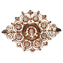 Ancien fabriqué à la main vers 1900  Broche en or 14k ornée de diamants naturels
