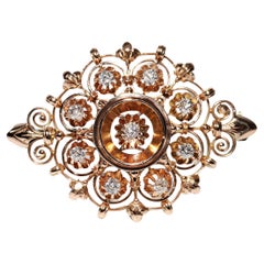 Antique Circa 1900s Handcrafted  14k Gold Natural Diamond Decorated Brooch