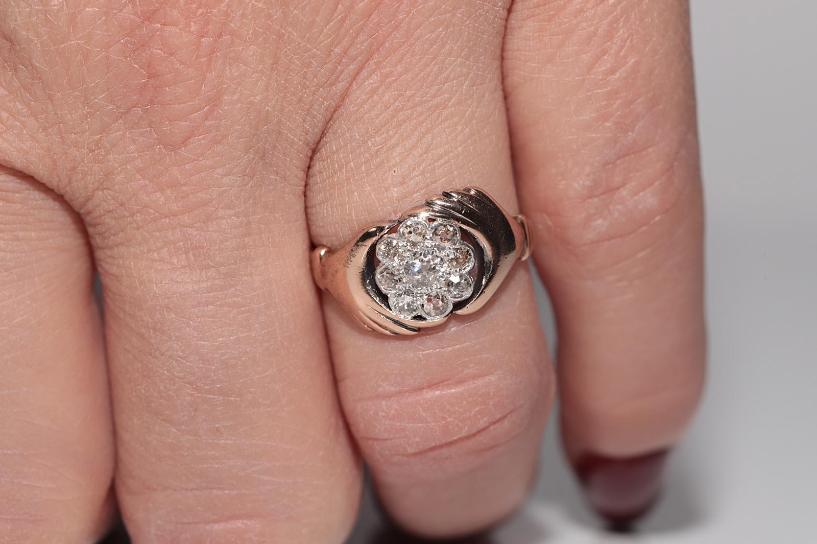 Old Mine Cut Antique Circa 1900s Handcrafted 14k Gold Natural Diamond Hand Ring For Sale