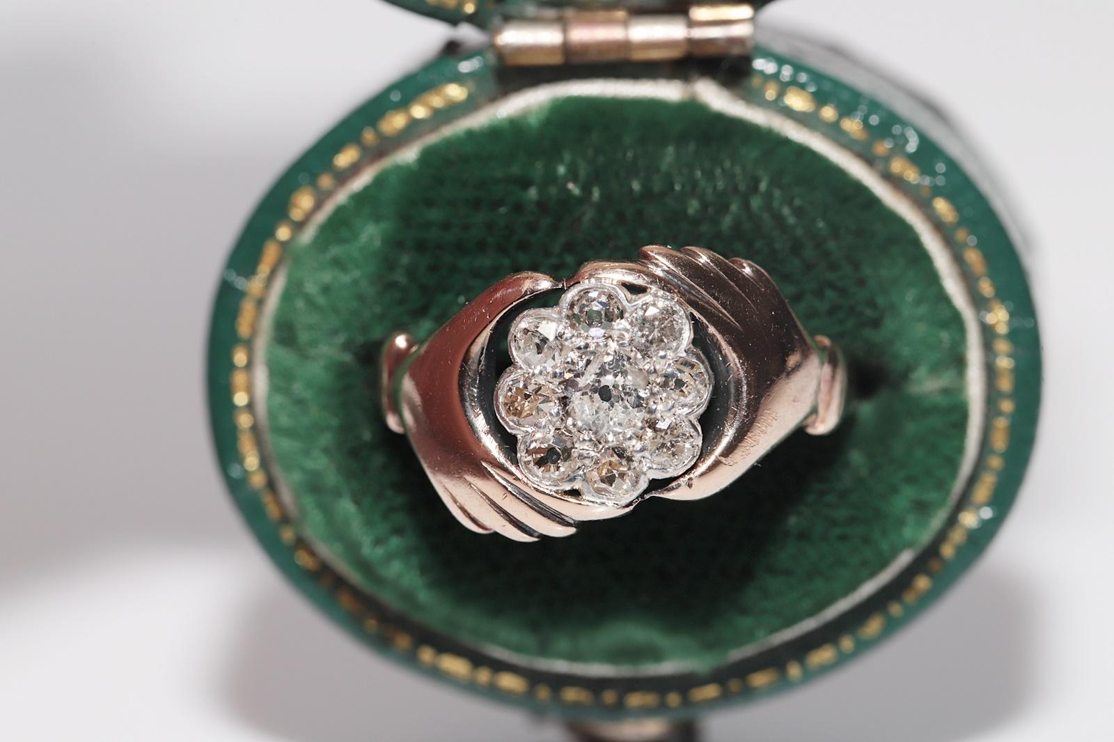 Women's Antique Circa 1900s Handcrafted 14k Gold Natural Diamond Hand Ring For Sale