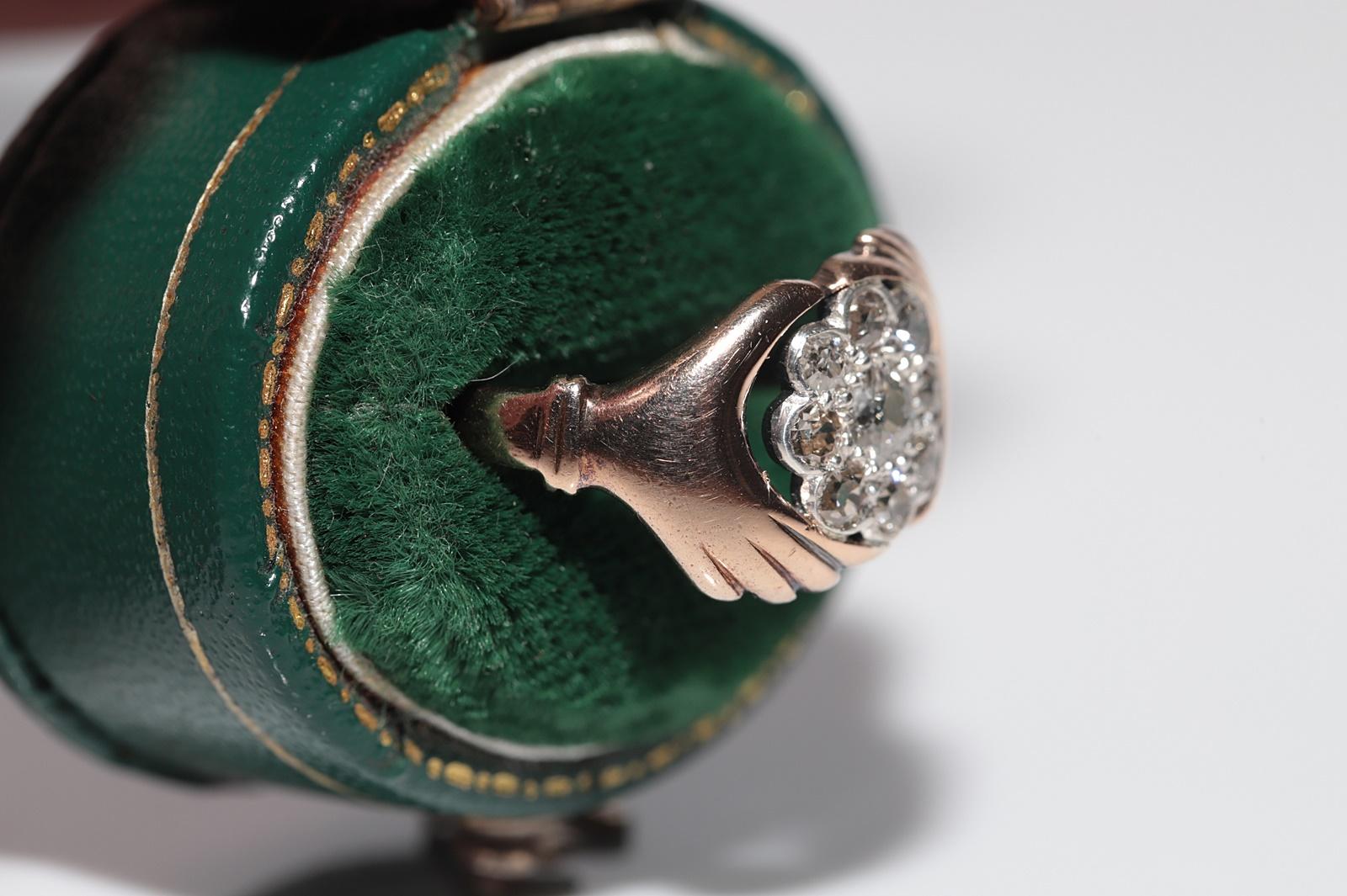 Antique Circa 1900s Handcrafted 14k Gold Natural Diamond Hand Ring For Sale 1