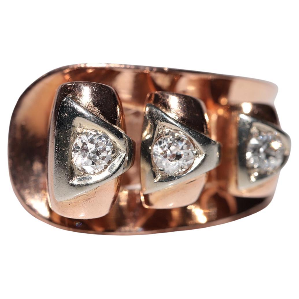 Antiguo anillo artesanal de oro de 14 quilates con diamantes naturales talla antigua de 1900