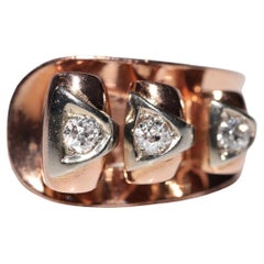 Antiguo anillo artesanal de oro de 14 quilates con diamantes naturales talla antigua de 1900