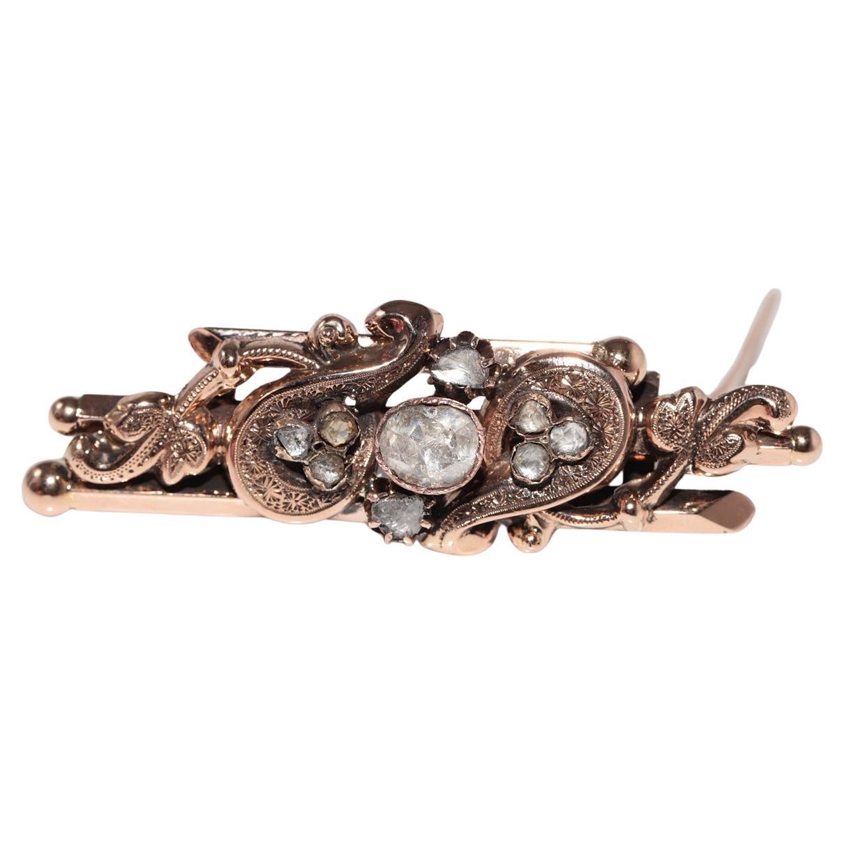 Antique Circa 1900s Handcrafted 14k Gold Natural Rose Cut Diamond Brooch