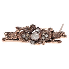 Antique Circa 1900s Handcrafted 14k Gold Natural Rose Cut Diamond Brooch