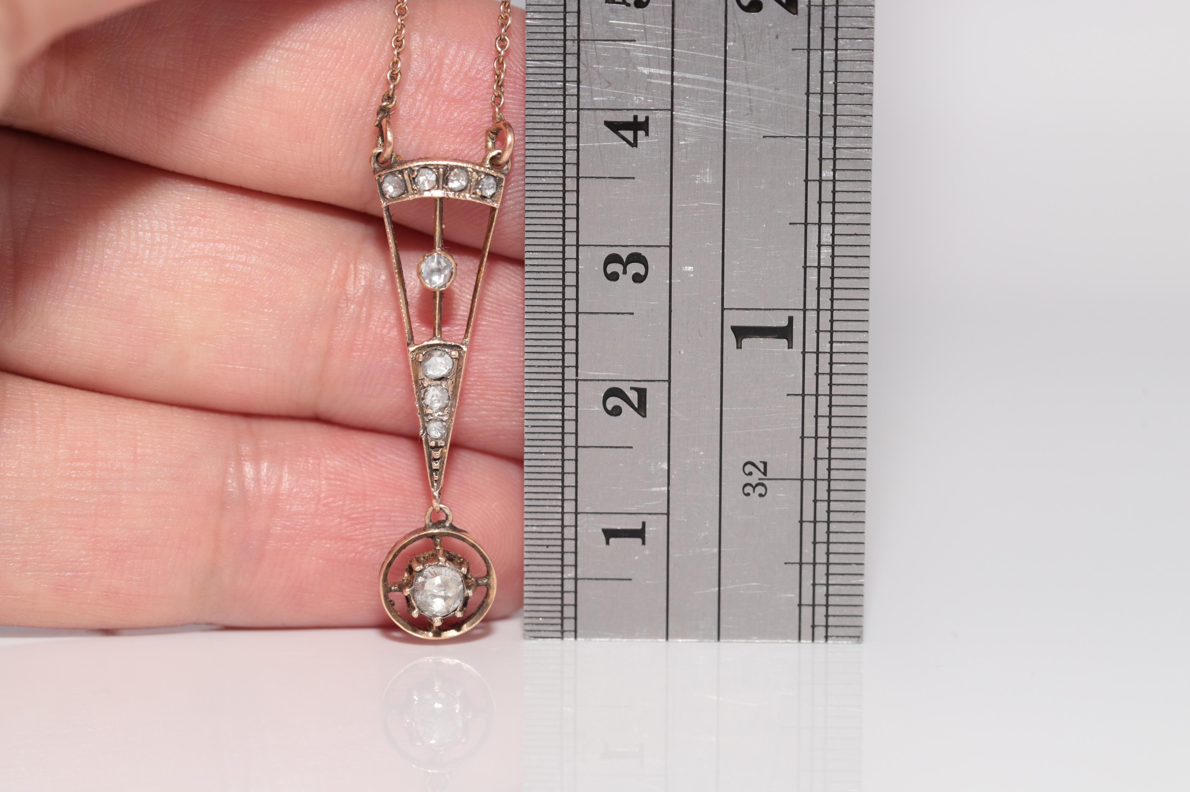 Collier pendentif ancien des années 1900, fabriqué à la main en or 14 carats avec diamants naturels taille rose en vente 6
