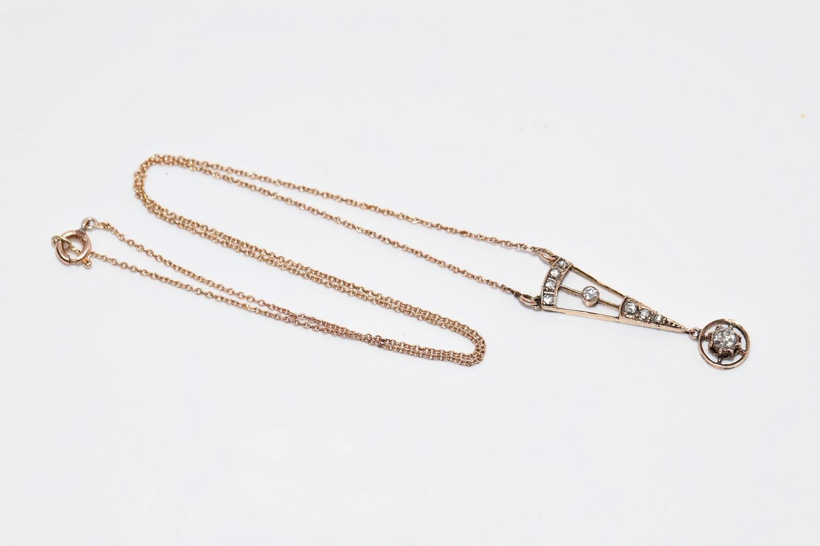 Collier pendentif ancien des années 1900, fabriqué à la main en or 14 carats avec diamants naturels taille rose en vente 8