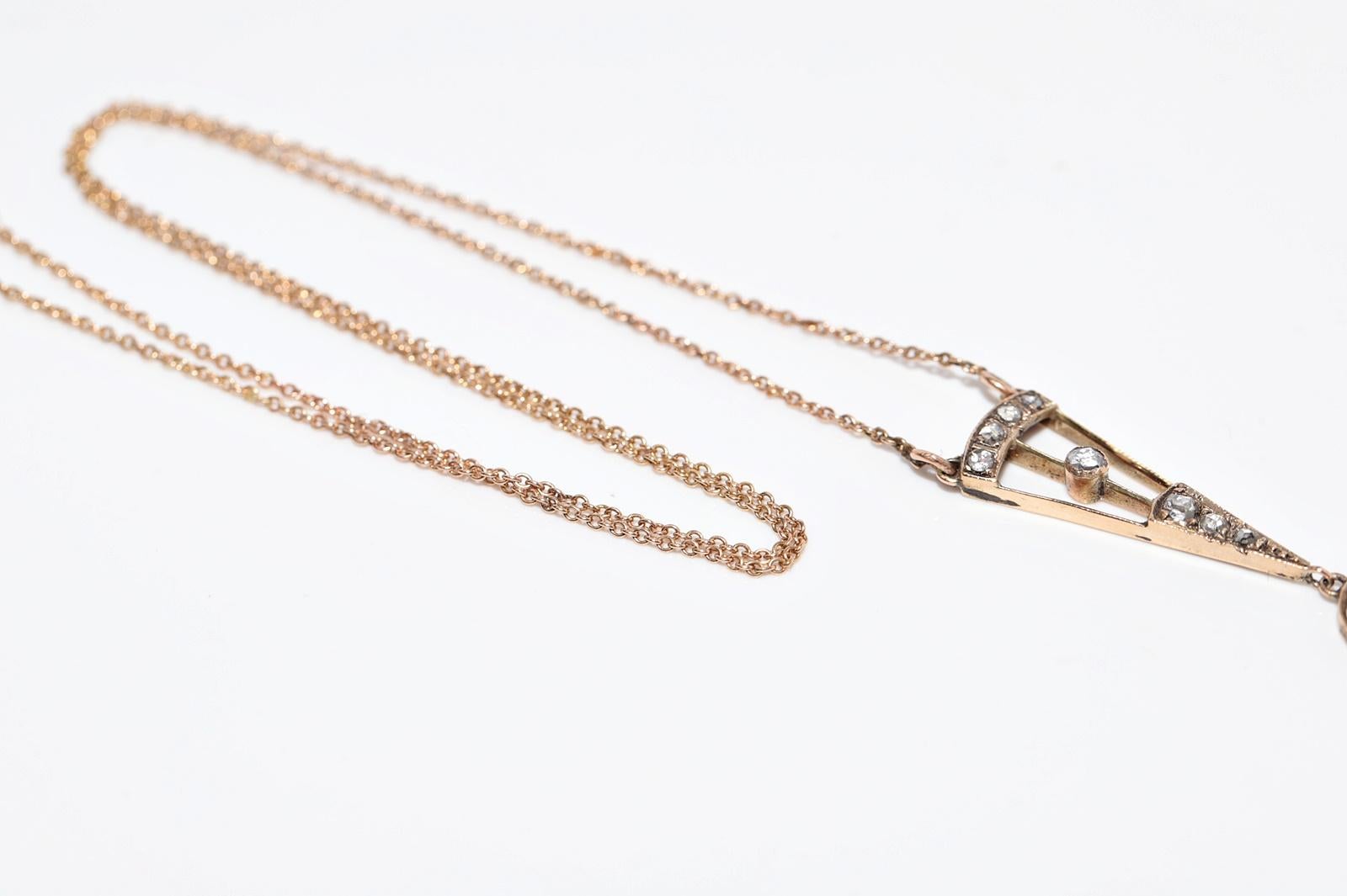 Collier pendentif ancien des années 1900, fabriqué à la main en or 14 carats avec diamants naturels taille rose en vente 9