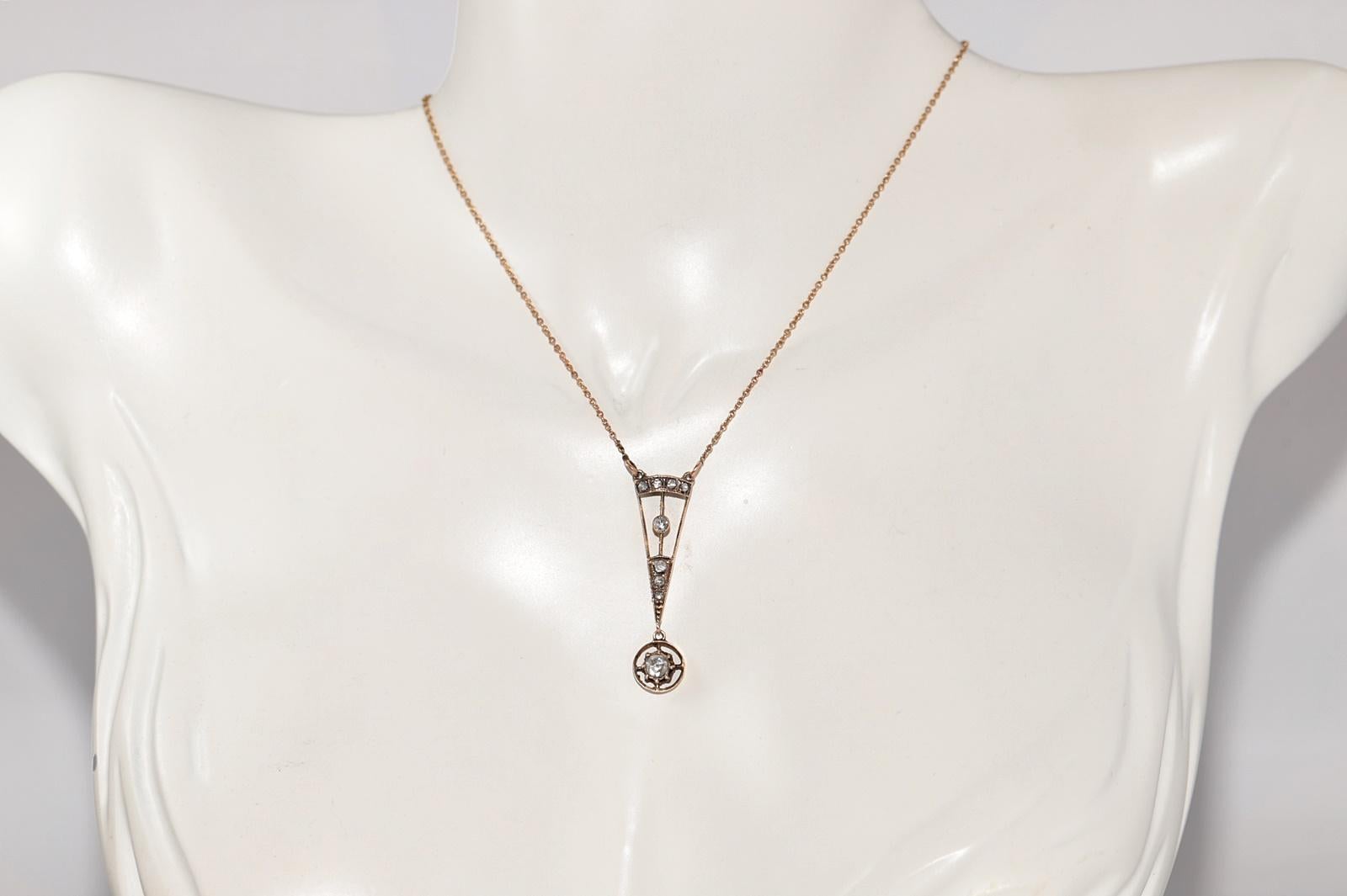 Victorien Collier pendentif ancien des années 1900, fabriqué à la main en or 14 carats avec diamants naturels taille rose en vente