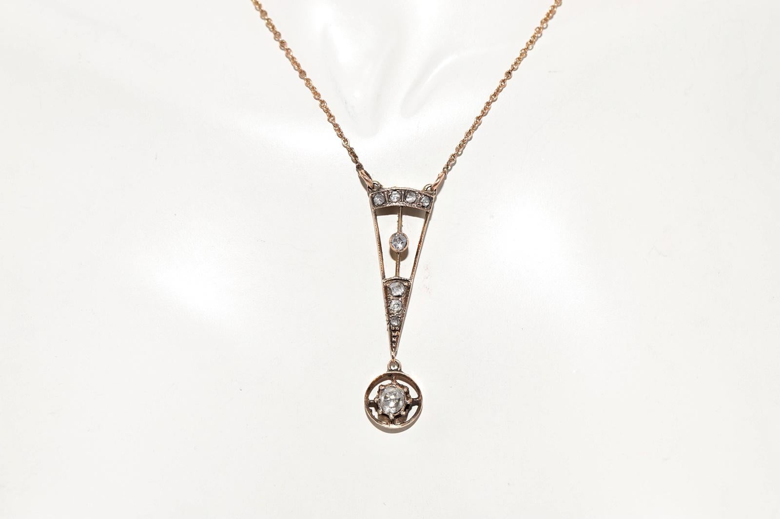 Taille rose Collier pendentif ancien des années 1900, fabriqué à la main en or 14 carats avec diamants naturels taille rose en vente