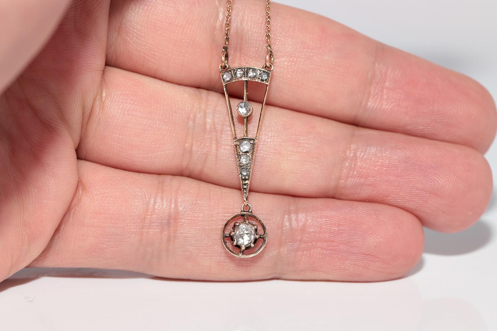 Collier pendentif ancien des années 1900, fabriqué à la main en or 14 carats avec diamants naturels taille rose Pour femmes en vente