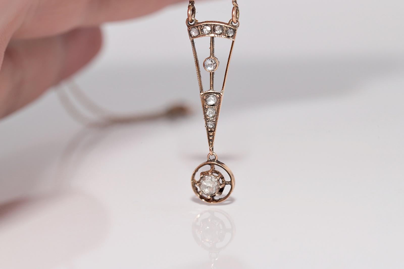 Collier pendentif ancien des années 1900, fabriqué à la main en or 14 carats avec diamants naturels taille rose en vente 1