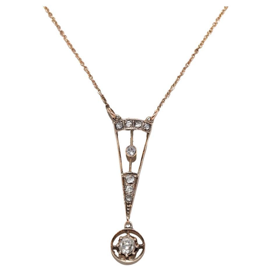 Antique Circa 1900s Handcrafted 14k Gold Natural Rose Cut Diamond Drop Necklace