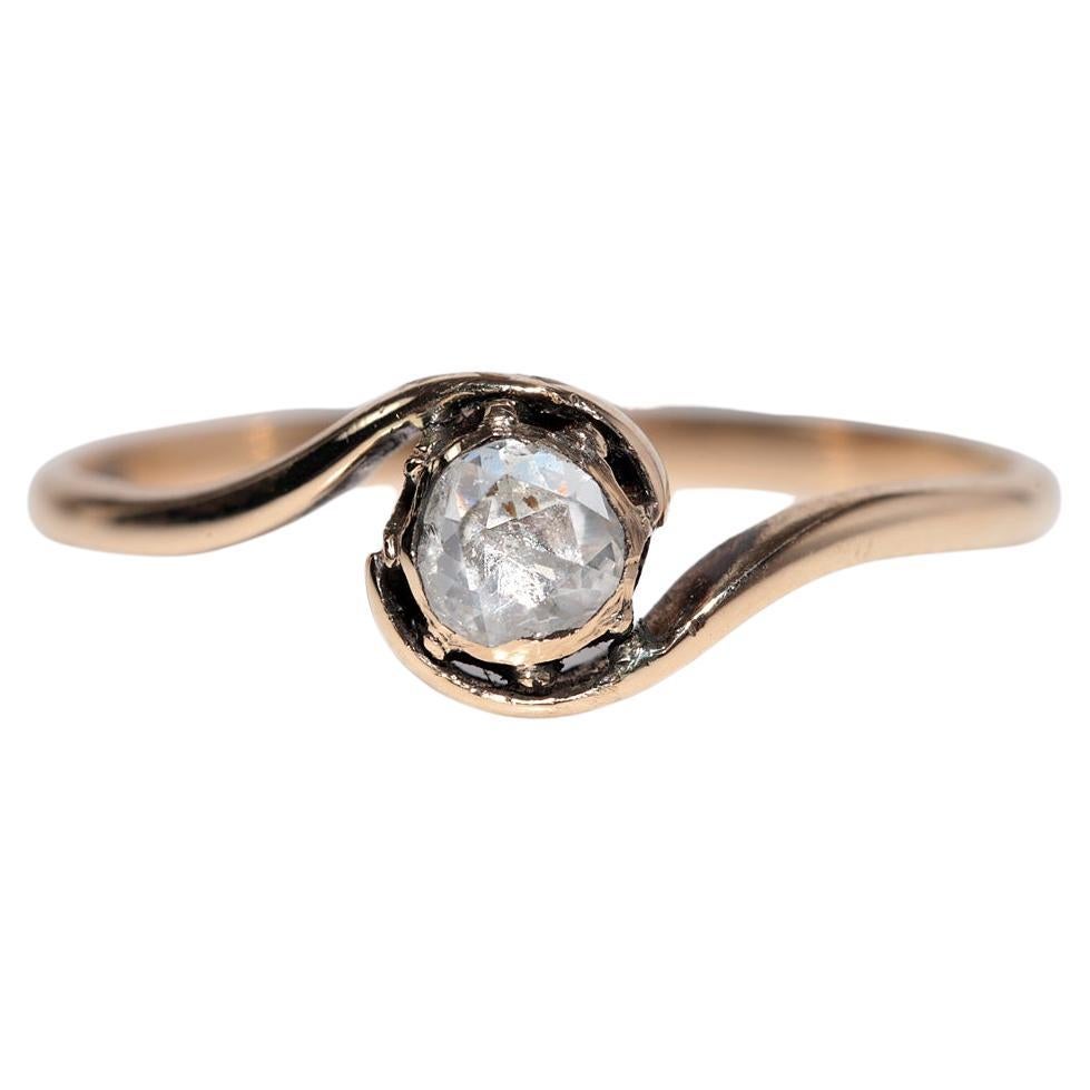 Bague solitaire ancienne datant des années 1900, fabriquée à la main en or 14 carats avec diamants naturels taille rose