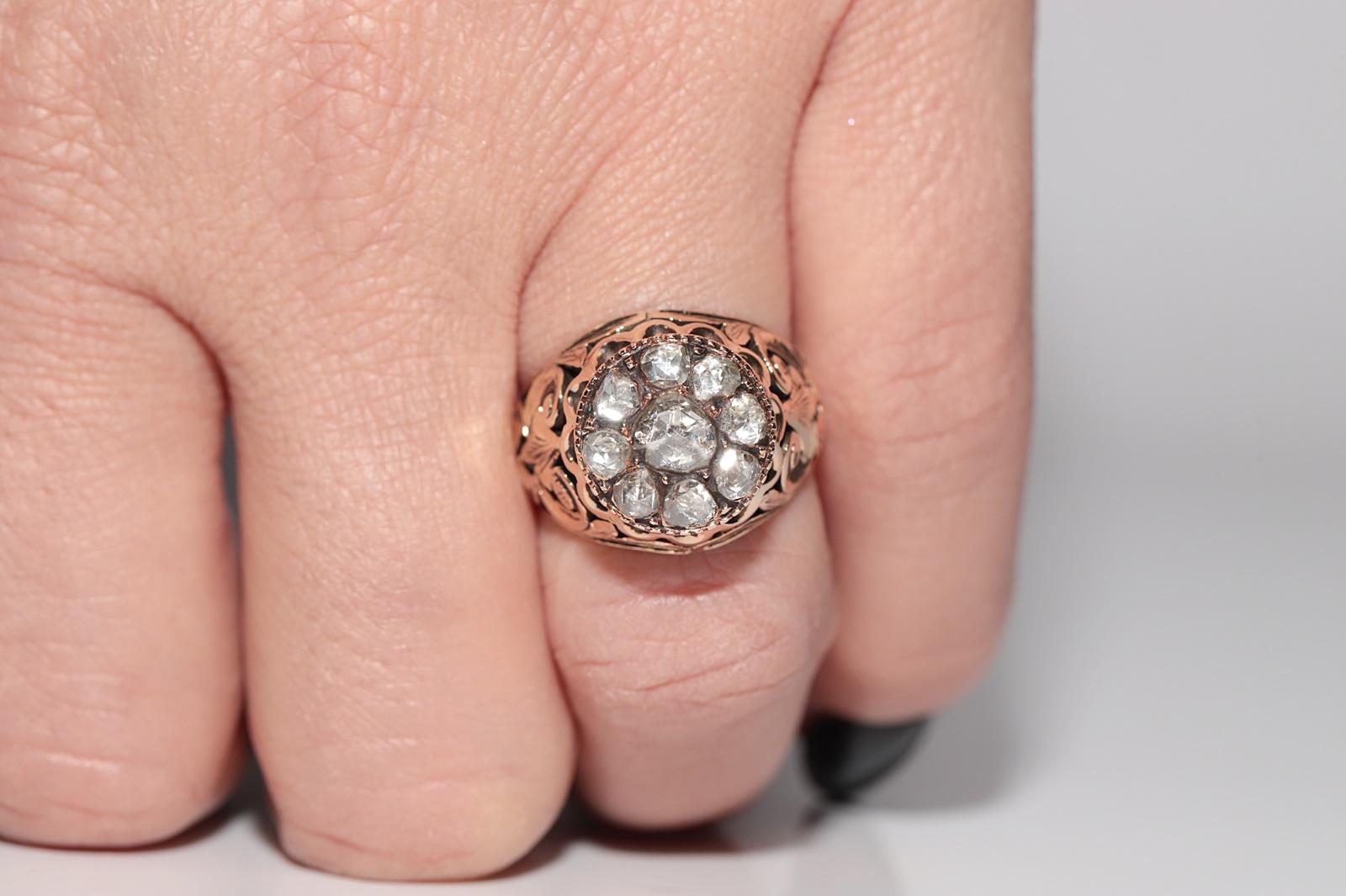 Taille rose Bague solide fabriquée à la main en or 14 carats avec diamants naturels taille rose, datant des années 1900 en vente