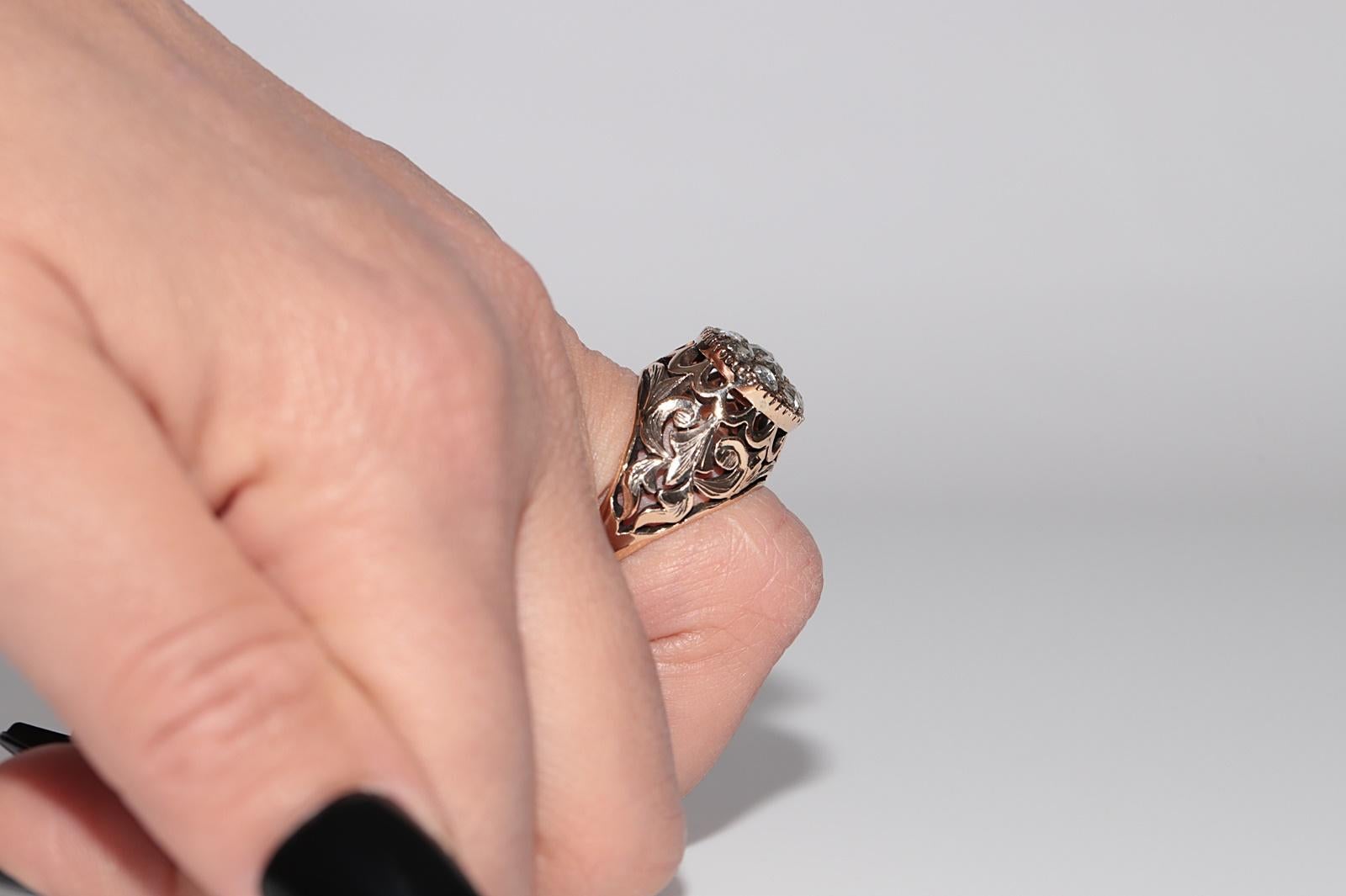 Bague solide fabriquée à la main en or 14 carats avec diamants naturels taille rose, datant des années 1900 Bon état - En vente à Fatih/İstanbul, 34