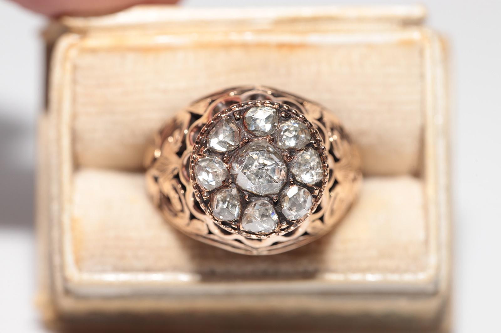 Bague solide fabriquée à la main en or 14 carats avec diamants naturels taille rose, datant des années 1900 Pour femmes en vente
