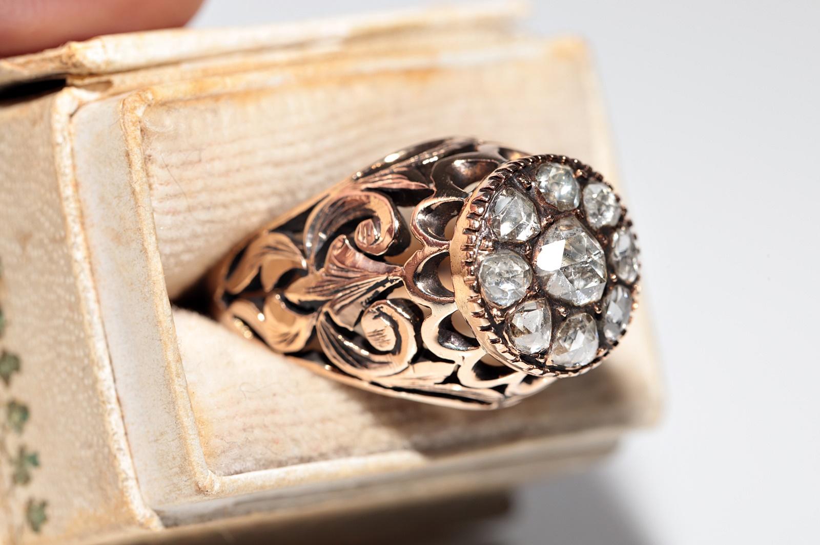 Bague solide fabriquée à la main en or 14 carats avec diamants naturels taille rose, datant des années 1900 en vente 1