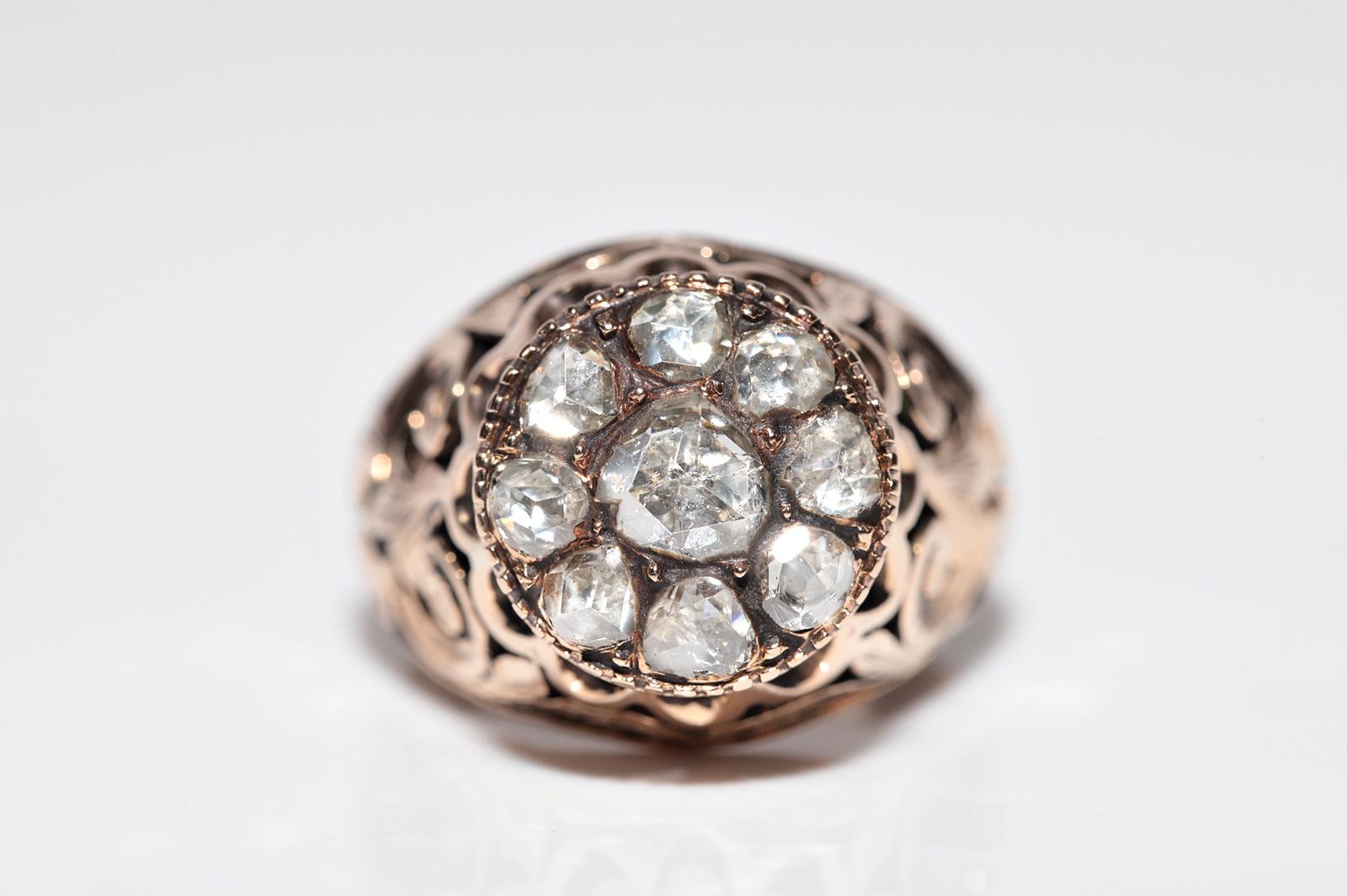 Bague solide fabriquée à la main en or 14 carats avec diamants naturels taille rose, datant des années 1900 en vente 2
