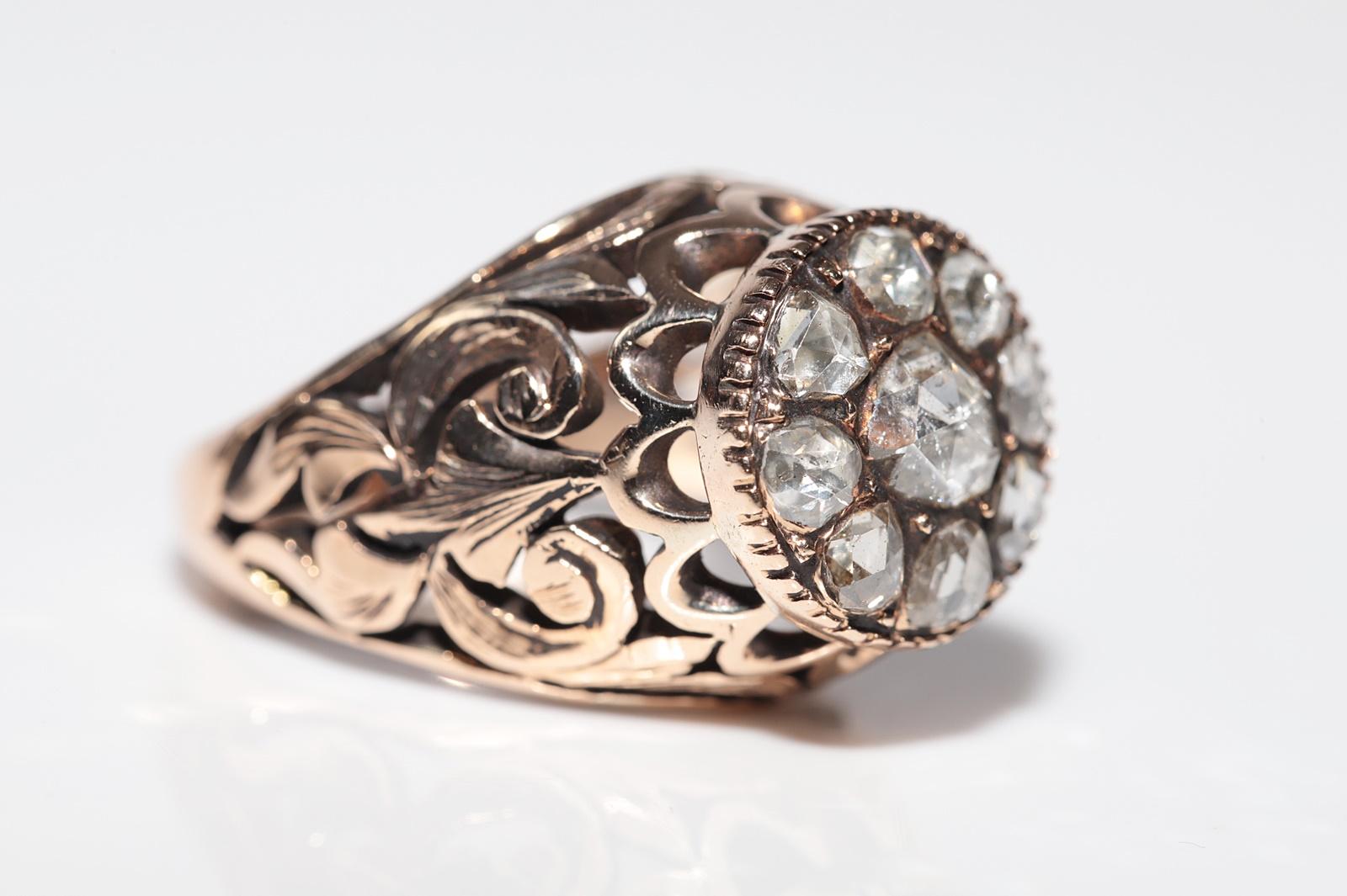 Bague solide fabriquée à la main en or 14 carats avec diamants naturels taille rose, datant des années 1900 en vente 3